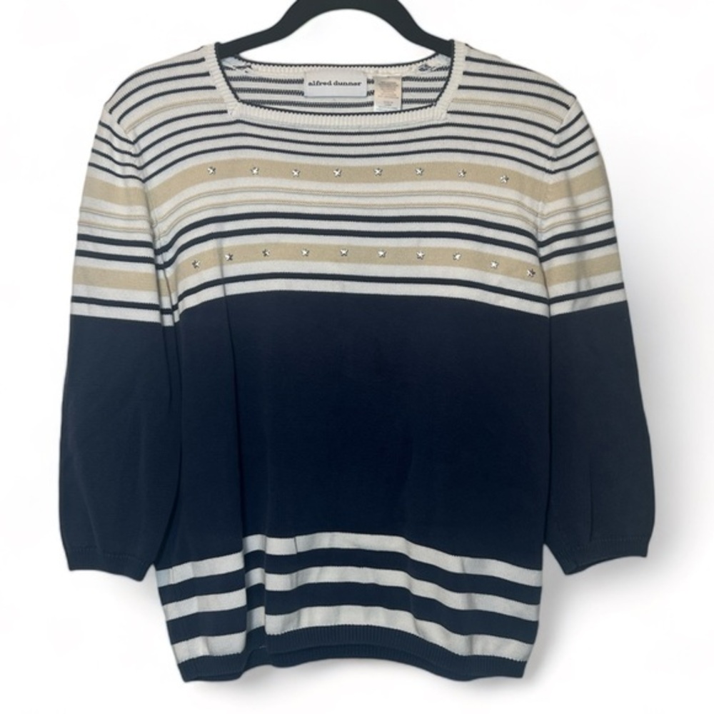 Alfred Dunner Women Petite Small Navy White Navy White Coastal‎ Sweater